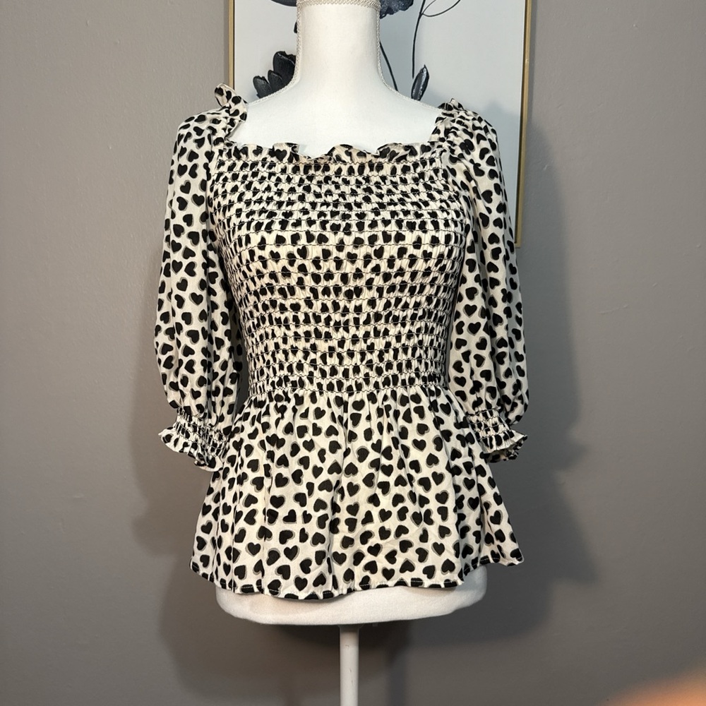 Max Studio Cream and Black Patterned Peplum Blouse